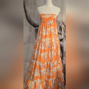 Floral Strapless Orange Maxi Dress